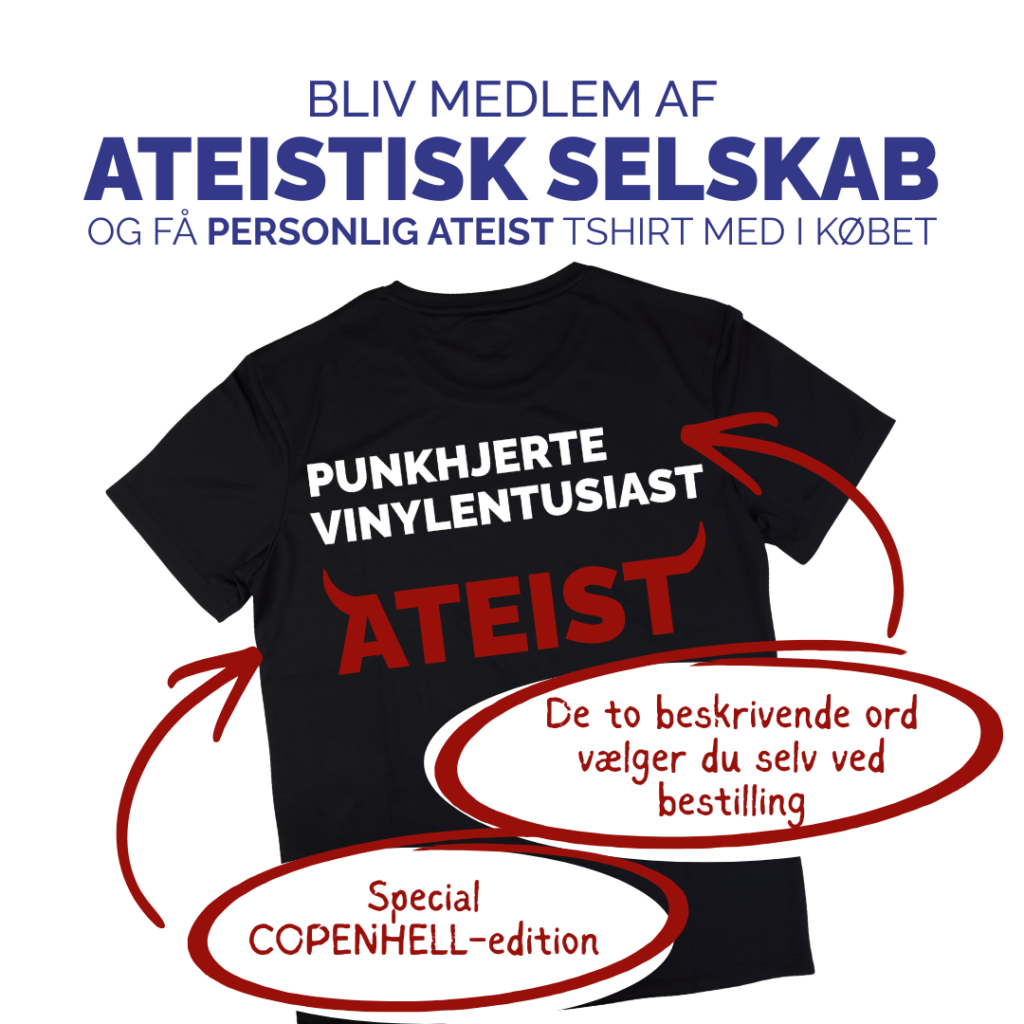 Sort ATESI t-shirt med teksten punkhjerte, vinylentusiast og ATEIST i special COPENHELL-edition, hvor ATEIST står med rødt og har horn.