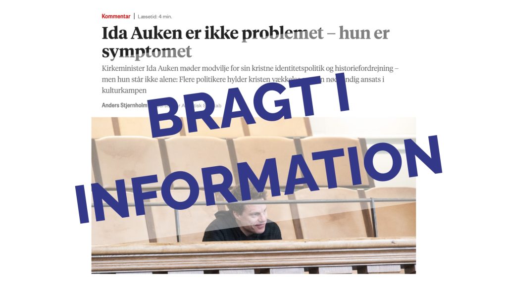 Screen shot af læserbrev af Anders Stjernholm i Information: Ida Auken er ikke problemet - hun er symptomet. Fed tekst tværs over: Bragt i Information