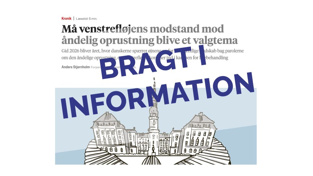 Screen shot: Må venstrefløjens modstand mod åndelig oprustning blive et valgtema, et debatindlæg af Anders Stjernholm, forperson i Ateistisk Selskab. Henover i fed skrift: Bragt i Information