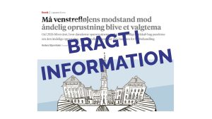 Screen shot: Må venstrefløjens modstand mod åndelig oprustning blive et valgtema, et debatindlæg af Anders Stjernholm, forperson i Ateistisk Selskab. Henover i fed skrift: Bragt i Information